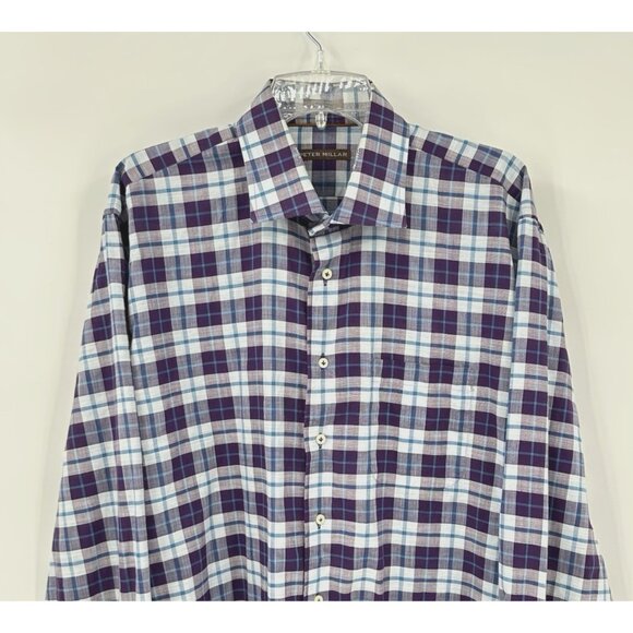 PETER MILLAR long sleeve casual shirt plaid 100% cotton button down purple XL - Picture 3 of 8